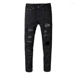 Men's Jeans Punk Style Design Slim Skinny Rhinestone Patchwork Ripped Fashion Patch Black Stretch Denim Pants