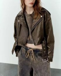 Women's Leather PULABO Spring Woman Faux Jacket Chic Vintage Short Lapel Zipper Belt Biker Coats Fashion Streetwear Mujer Tops