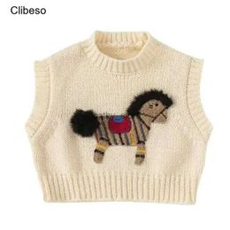 Pullover Clibeso Knit Sweater Vest for Boys Winter Top Clothes for Children 2023 Kids Boy Cartoon Horse Embroidery Sleeveless KnitwearL231215