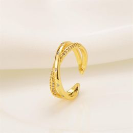 Criss-Cross CW CZ Crystal Right-Hand X- Ring w 24k Yellow Fine Solid Gold GF Minimalist Geometric Circle232N