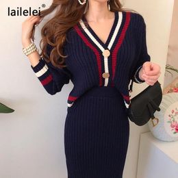 Suits Chic bump Colour stripe edge vneck knitting cardigan skirts twopiece outfit