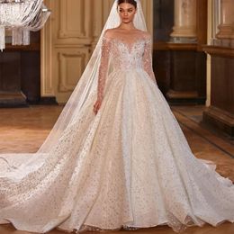 Stunningbride 2024 luxo o-pescoço vestidos de casamento para as mulheres noiva branca manga longa princesa espumante frisado vestido de noiva personalizado