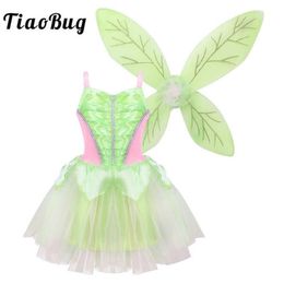 TiaoBug Kids Girls Princess Fairy Costume Sleeveless Mesh Dress Glittery Wings Set Children Halloween Cosplay Party Dress Up G09252536