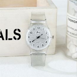 JHlF Brand Korean Fashion Promotion Quartz Ladies Watches Casual Personality Student Womens Watch White Transparent Plastic Band G310m