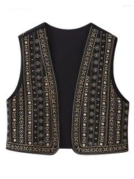 Women's Vests Women Vintage V Neck Beading Flower Embroidery Short Vest Jacket Ladies Sleeveless Casual Cardigan Waistcoat Tops