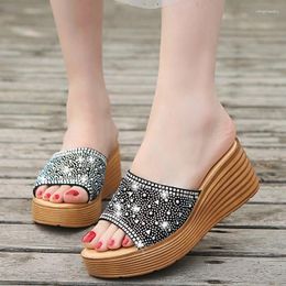 Slippers Women's One-line Wedge Sandals 2023 Summer Korean Style Rhinestone Thick-soled Fish-mouth Shoes Are Comfortable To Wear Outside