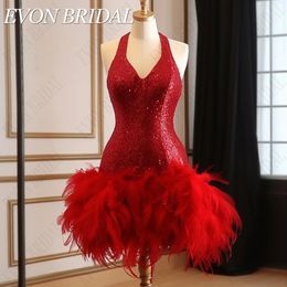 Urban Sexy Dresses EVON BRIDAL Sexy Mini Red Sequined Prom Dresses For Black Girls With Feather Homecoming Gown Sparkly Cocktail Party Real Picture 231219