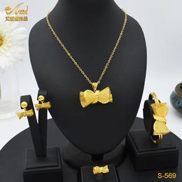 Wedding Jewellery Sets ANIID Dubai Bow Design Set Gold Colour Ethiopian Necklace Earrings Bangle Ring For Women Party Gift Wholesale 231219