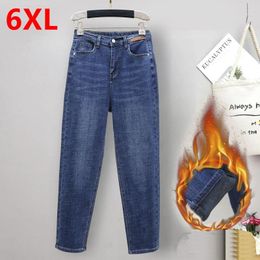 Women's Jeans Autumn Winter Thickened Velvet Warm Plus Size Elastic Loose High Waist Haren Pants 110kg 6xl Plush