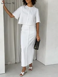 Work Dresses White Elegant High Waist Skirts Suits Two Pieces Women Summer 2023 Short Sleeve Tops Tassel Midi Straight Set