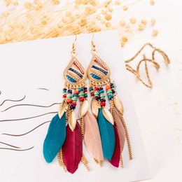 2022 Creative Feather Dangle Bohemia Seed Beads Long Water Drop Tassel Earrings for Women Jewellery