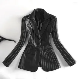 Women's Leather Spliced Striped Suit Jacket Women Spring And Autumn Korean Slim Coat Western Motorcycle Black Suede