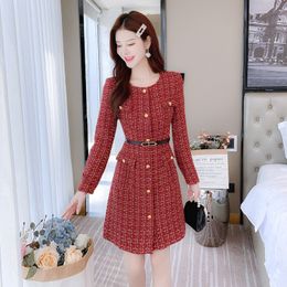 Only Plus OL Woollen Winter Dress For Women Peter Pan Collar Tweed Dress Vintage Wool Plaid Wine Dresses Warm Elegant Button 201028