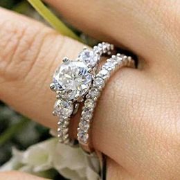 Cluster Rings Trendy Double Stackable Set For Women Silver Colour 2Pcs Finger Accessories Wedding Engagement Jewellery Anillo