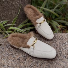 Suitable Heihaian Metal Baotou Winter Embellished Low Heels French Elegant Rabbit Hair Slippers for Women