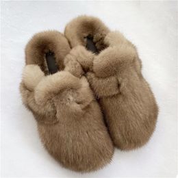 Slippers Style Fur Slippers Ladies Winter Warm Shoes Real Mink Fur Slippers Household Furry Closed Toe Flat Shoes 231219