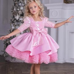 Girl Dresses Cute Pink Sequin Flower Dress Square Neck Half Sleeves Baby Princess Wedding Birthday Party First Communion
