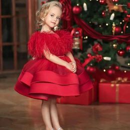 Girl Dresses Red Feather Flower Dress Short Knee Length Toddler Infant Little Kid Pageant Gown Cocktail Party Birthday Holiday 1st