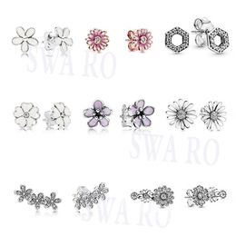 2021 Fashion Silver 925 stud Sparkling Pave Pink Daisy Flower Honeycomb Hexagon Trio Earrings Original Woman Jewellery Gift267n