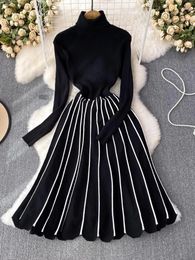 Casual Dresses Sweater 2023 Winter Turtleneck Warm Long Sleeve Knitted Dress Korean Fashion Striped Slim Women Black Pleated