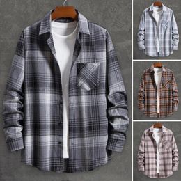 Men's Casual Shirts Men Shirt Coat Loose Fit Plaid Print Cardigan Stylish Mid-length With Turn-down Collar