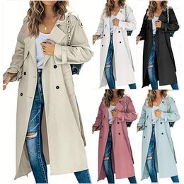 Women's Trench Coats All-match Women Winter Autumn Clothes Jacket Suit Collar Solid Colour Temperament Long Sleeve Pocket Buttons Commuting