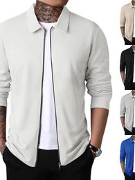 Men's Jackets Fall 2023 Zipper Cardigan Outerwear Casual Top Long Sleeve Lapel Waffle Jacket Men