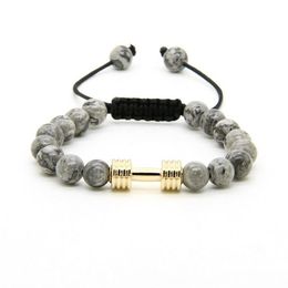 Sport Energy Bracelets Whole 8mm Grey Jasper Stone Beads With New Barbell Fitness Dumbbell Macrame Bracelets for Men235h