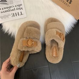 Outono e chinelos de chinelos de inverno, gabinete de coelho de coelho de cashmere fivela de fivela de fivela usa sapatos de lã plana de solada grossa quentes