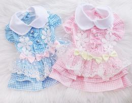 Dog Apparel Princess Cat Dress Plaid&Flowers Design Pet Puppy Skirt Spring/Summer Clothes Outfit