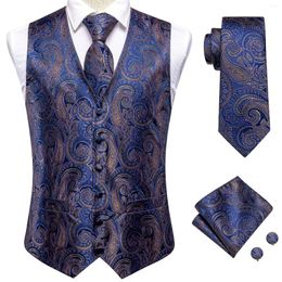 Men's Vests Navy Blue Gold Silk Mens Vest Tie Set Jacquard Paisley Sleeveless Jacket Suit Waistcoat Necktie Hanky Cufflinks Wedding Business
