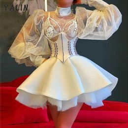 Urban Sexy Dresses YALIN Little White Gown High Neck Short Puffy Homecoming Dresses Illusion Long Sleeve Aso Ebi Arabic Formal Vestidos De Fiesta 231219