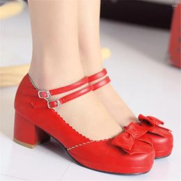 Dress Shoes 2023 Spring Women Low Heel Round Toe Straps Bow Cute Girls Princess Tea Party Lolita Students Lovely Size 33-43 Red Purple