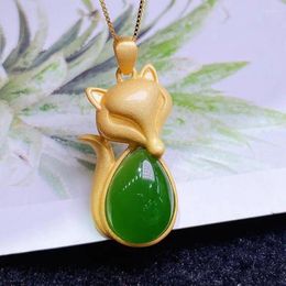 Pendant Necklaces S925 Sterling Silver Green Jade Necklace Women Genuine Chinese Hetian Jades Nephrite Golden Lucky Charms Amulets