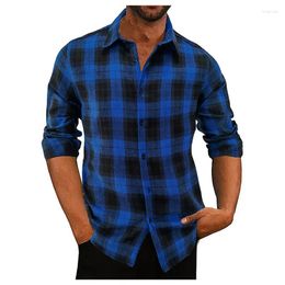 Men's Casual Shirts Fall Flannel Plaid Long-Sleeved Button Shirt USA Regular Fit Size Classic Checkered Double Pocket Design