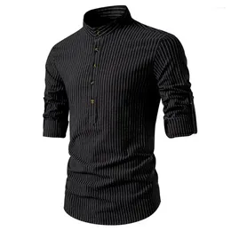 Men's Casual Shirts Striped Stand-up Collar Shirt Button-down Slim Fit Business With Stand Long For Fall