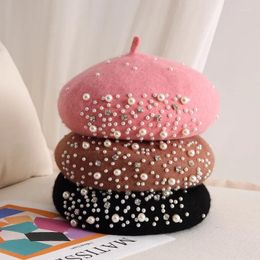 Berets 2023 Autumn Winter Pearl Rhinestone Wool Beret Cap Female British Retro Korean Version Children Japanese Painter Hat Mujer