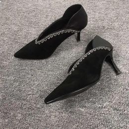 Dress Shoes Fashion Pointed Toe Thin High Heel Pumps Sexy V Cut Design Crystal Women Autumn Rhinestone Footwear Ladies