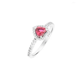 Cluster Rings Proposal Frosted Red Murano Glass & Hearts Charm Female Clear Crystals Sterling Silver Jewelry For Woman Party