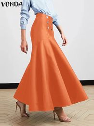 Skirts VONDA Women Elegant Office Fishtail Skirts Casual High Waist Buttons Party Skirt Fashion Ruffled Satin Loose Maxi Bottoms 231218