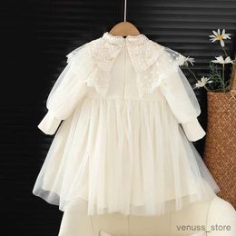 Girl's Dresses Children Clothing Autumn Lace Lantern Sleeve Pearls Kids Dress Princess Clothes Party Dress Ball Gown Beige 2-8Y