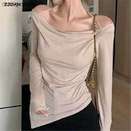 Women's Blouses Shirts 2023 Sexy Halter Ruched Slash Off Shoulder Full Sleeve T Shirt Women Slit Hem Ruched Side Slim T-shirt Asymmetric Tee Tank Tops YQ231219