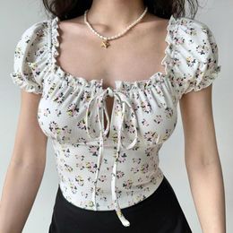 Women's T Shirts Go Girl Homemade French Style Vintage Floral Square Collar Short Sleeve T-shirt Summer Slim Fit Slimming Lace Up Top