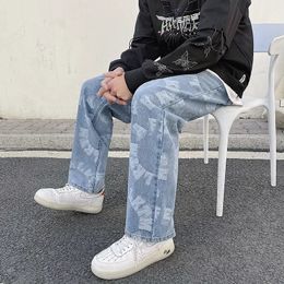 Women s Tracksuits Jacquard Jeans Blue Mens Loose Straight Leg Long Pants Streetwear Baggy Denim Clothing Graphic Y2k Mens Jean 231219