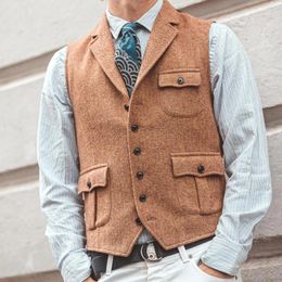 Men's Vests Lapel Herringbone Farbic Suits Vest Casual Business Single Breasted With Real Pocket For Groomsemen