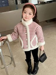 Jackets Girls Houndstooth Design Fleece Padded Coat Autumn And Winter Clothing 2023 Children Cotton-Padded Baby Girl Pad