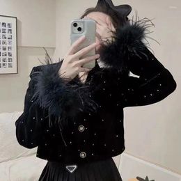 Women's Jackets High Street 2023 Fashion Fall Winter Womens Full Sleeve Feathers Diamonds Button Velvet Quilted Black Jacket