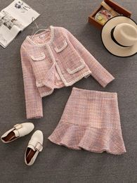 Two Piece Dress High Quality Fall Winter Plaid Tweed Skirt Set Women Woolen Short Jacket Coat Mermaid Suits Sweet 2 231218