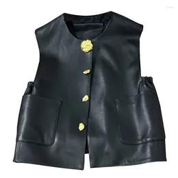 Women's Vests Sleeveless Leather Vest Jacket 2024 Casual Round Neck Short Coat Tops Single-Breasted Waistcoat Female