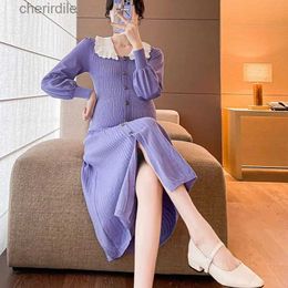 Basic Casual Dresses Maternity Knit Nursing Dresses For Autumn Winter 2023 Clothes For Pregnant Women Cute Peter Pan Collar Pregnancy Purple Dress YQ231219